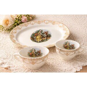 Stetson 22KT Gold Oval Platter + 2 Vintage USA Teacups Romantic Courting Scene